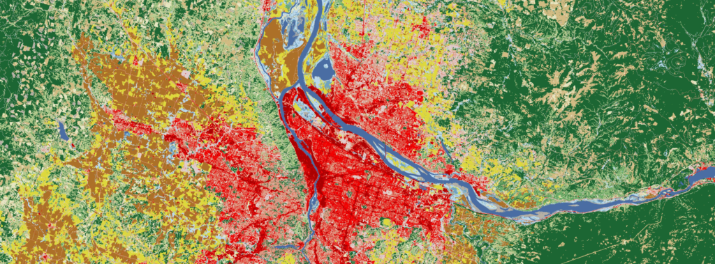 Land cover classifications along the Columbia River as it flows past Vancouver, WA, and Portland, OR. Assembled from observations by the Enhanced Thematic Mapper Plus (ETM+) on Landsat 7. Image: NASA